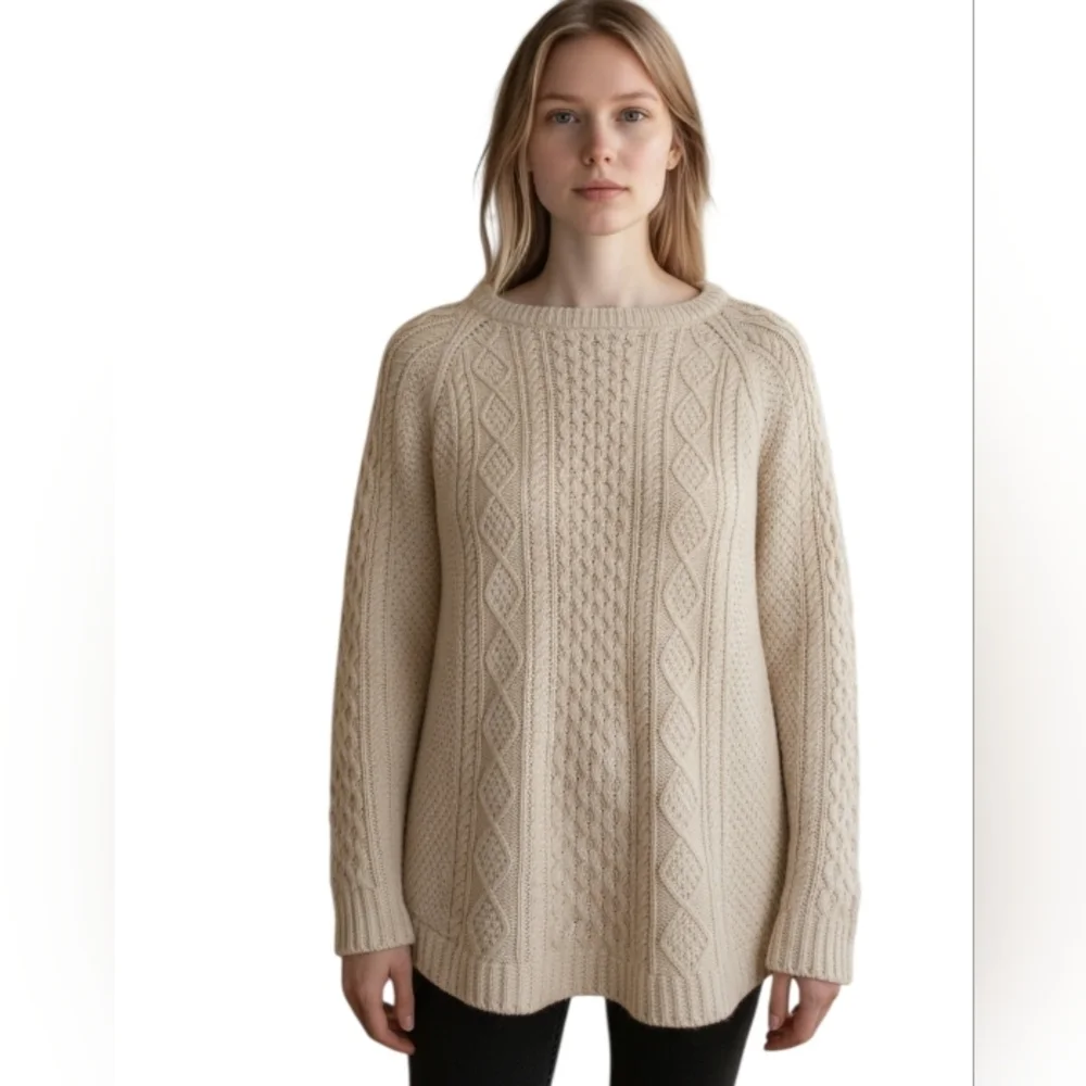 LL Bean Signature Womens Cotton Cable Knit Aran Fisherman Tunic Sweater Large